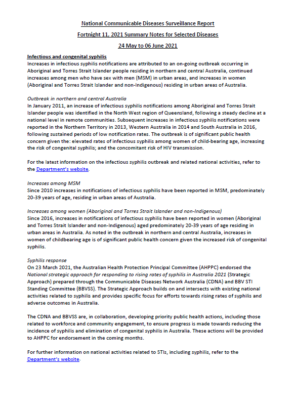 Cover image for National Notifiable Diseases Surveillance System fortnightly reports – 24 May to 6 June 2021
