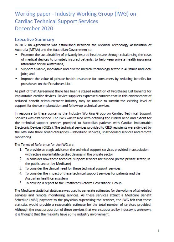 Working paper - Industry Working Group (IWG) on Cardiac Technical Support Services December 2020