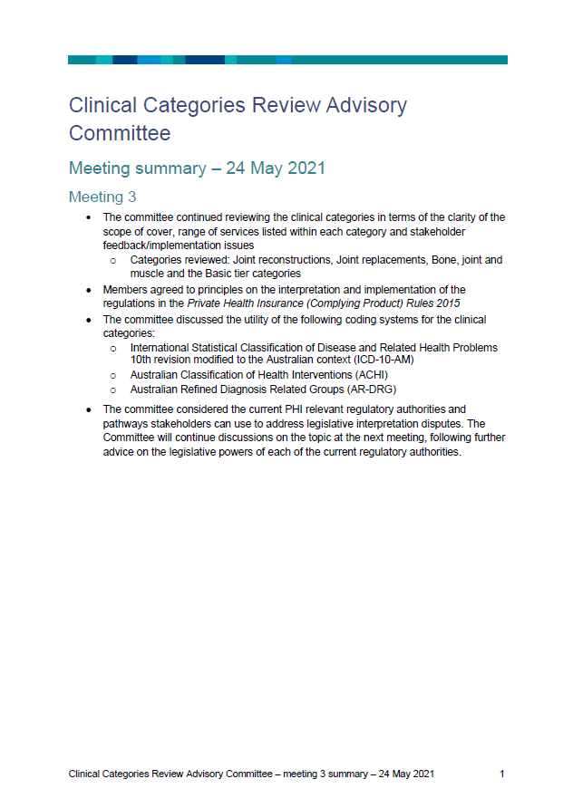 Clinical Categories Review Advisory Committee – meeting 3 summary – 24 May 2021