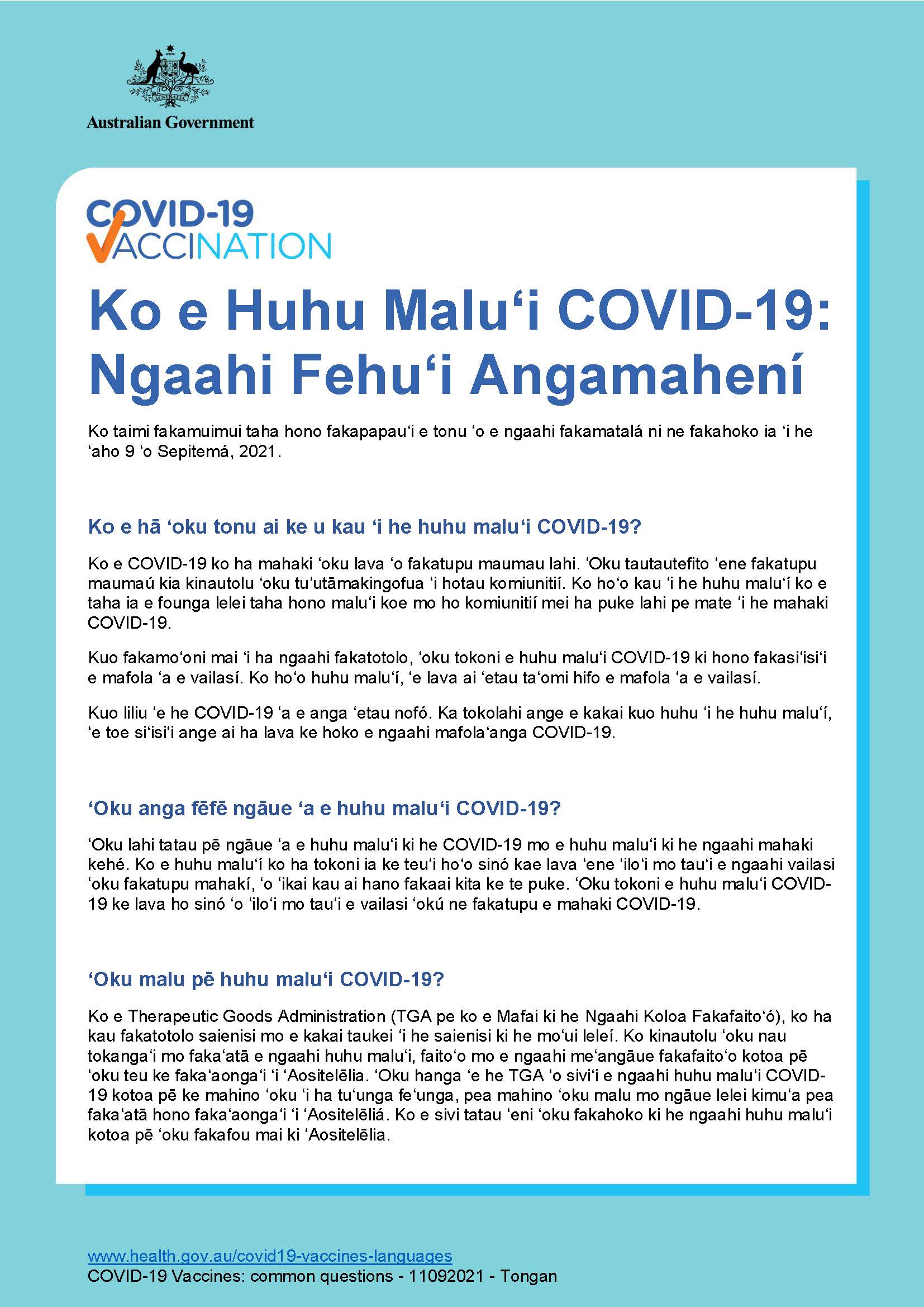 Covid 19 Vaccination Ko E Huhu Maluʻi Covid 19 Ngaahi Fehuʻi Angamaheni Covid 19 Vaccines Common Questions Australian Government Department Of Health