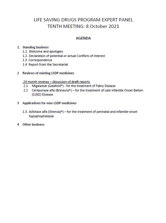Life Saving Drugs Program (LSDP) Expert Panel meeting agenda – 8th October 2021