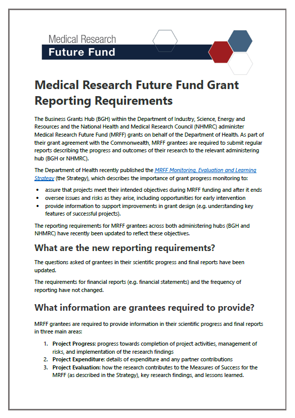 Cover image of the MRFF grant reporting requirements fact sheet 