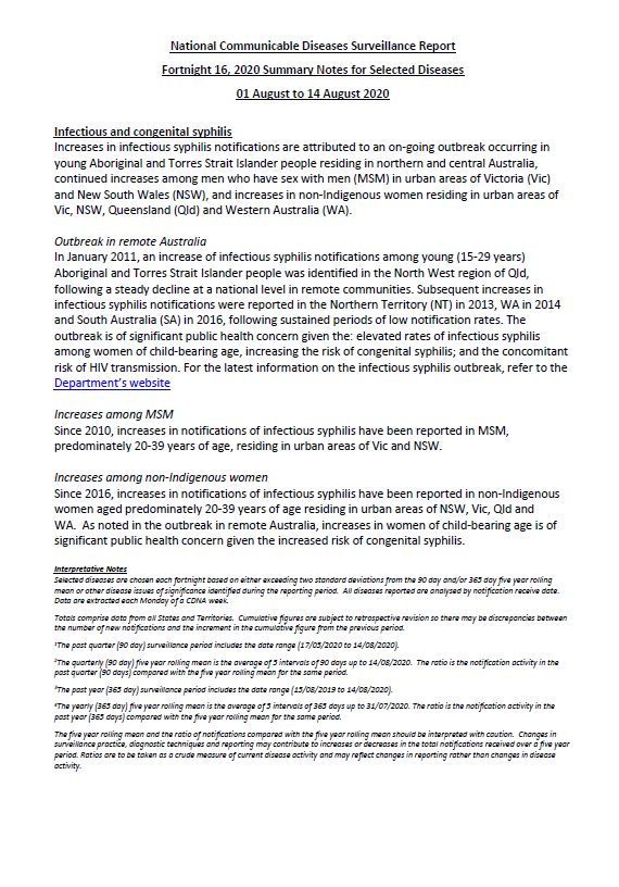 Cover image for National Interoperable Notifiable Diseases Surveillance System (NINDSS) fortnightly reports – 1 to 14 August 2020