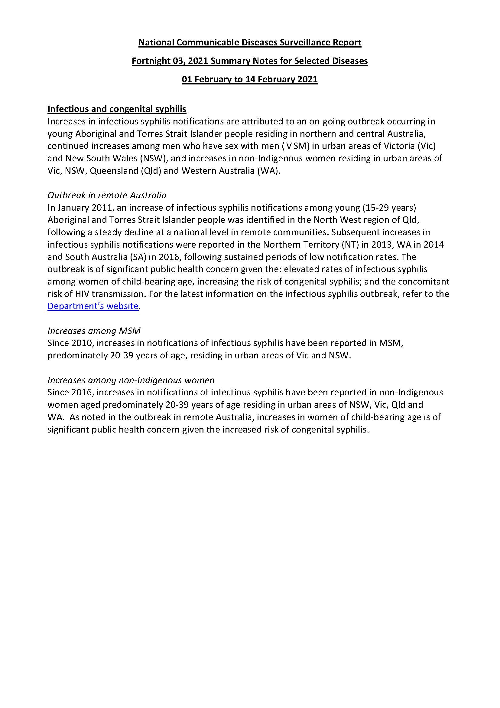 Cover image for National Notifiable Diseases Surveillance System fortnightly reports – 1 to 14 February 2021