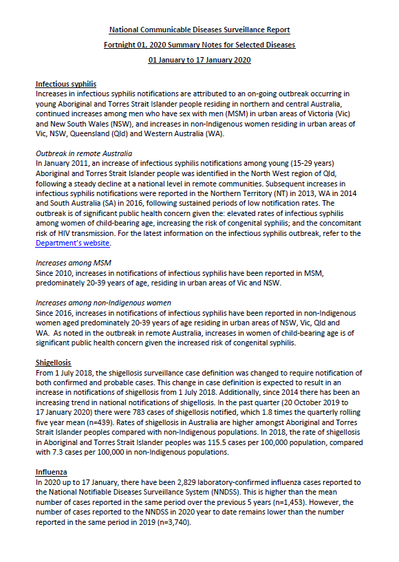 Cover image for National Interoperable Notifiable Diseases Surveillance System (NINDSS) fortnightly reports – 1 to 17 January 2020