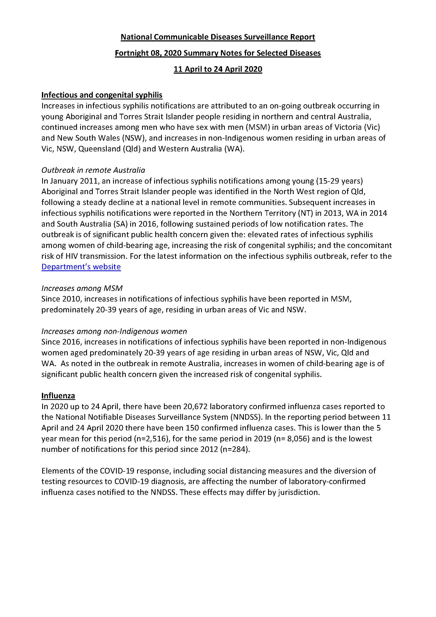Cover image for National Interoperable Notifiable Diseases Surveillance System (NINDSS) fortnightly reports – 11 to 24 April 2020