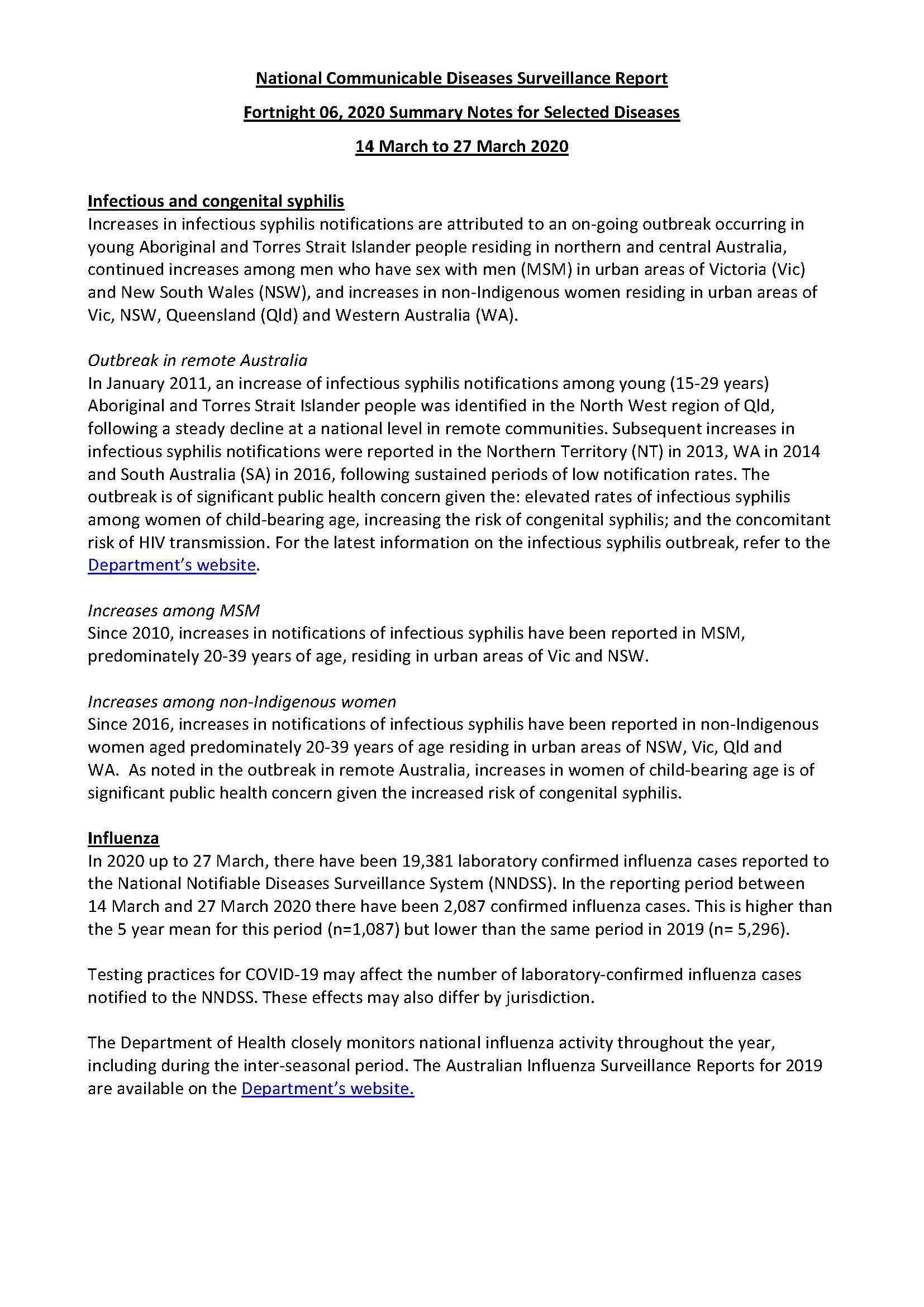 Cover image for National Interoperable Notifiable Diseases Surveillance System (NINDSS) fortnightly reports – 14 to 27 March 2020