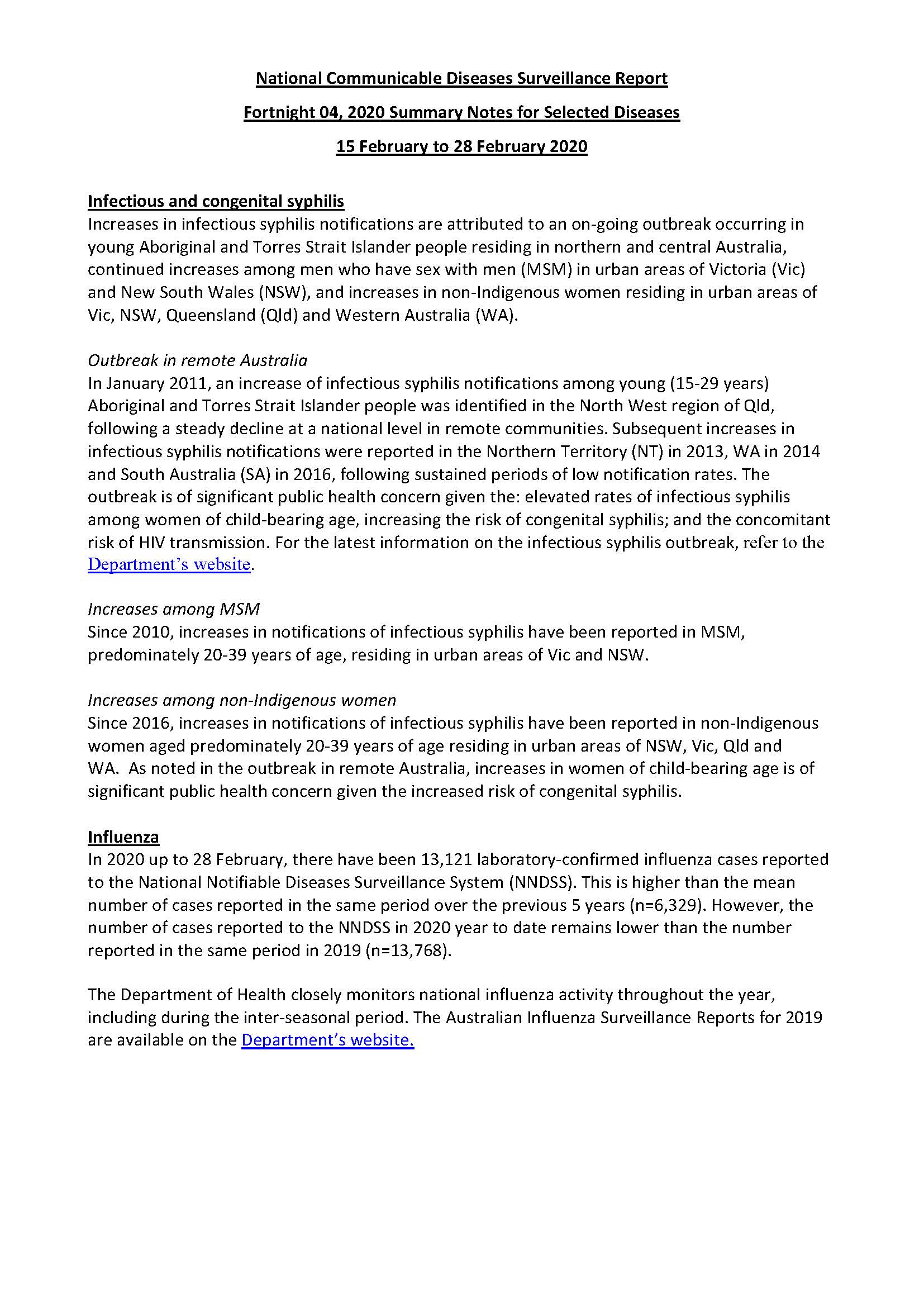 Cover image for National Interoperable Notifiable Diseases Surveillance System (NINDSS) fortnightly reports – 15 to 28 February 2020