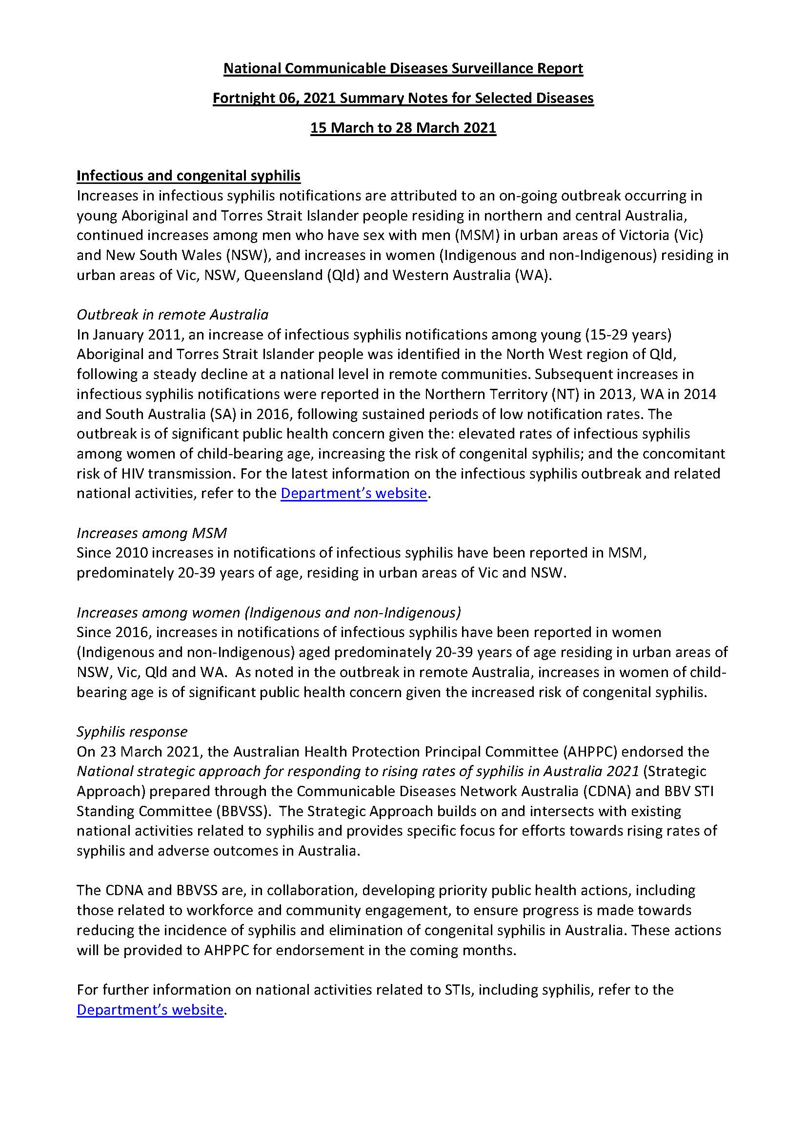 Cover image for National Notifiable Diseases Surveillance System fortnightly reports – 15 to 28 March 2021