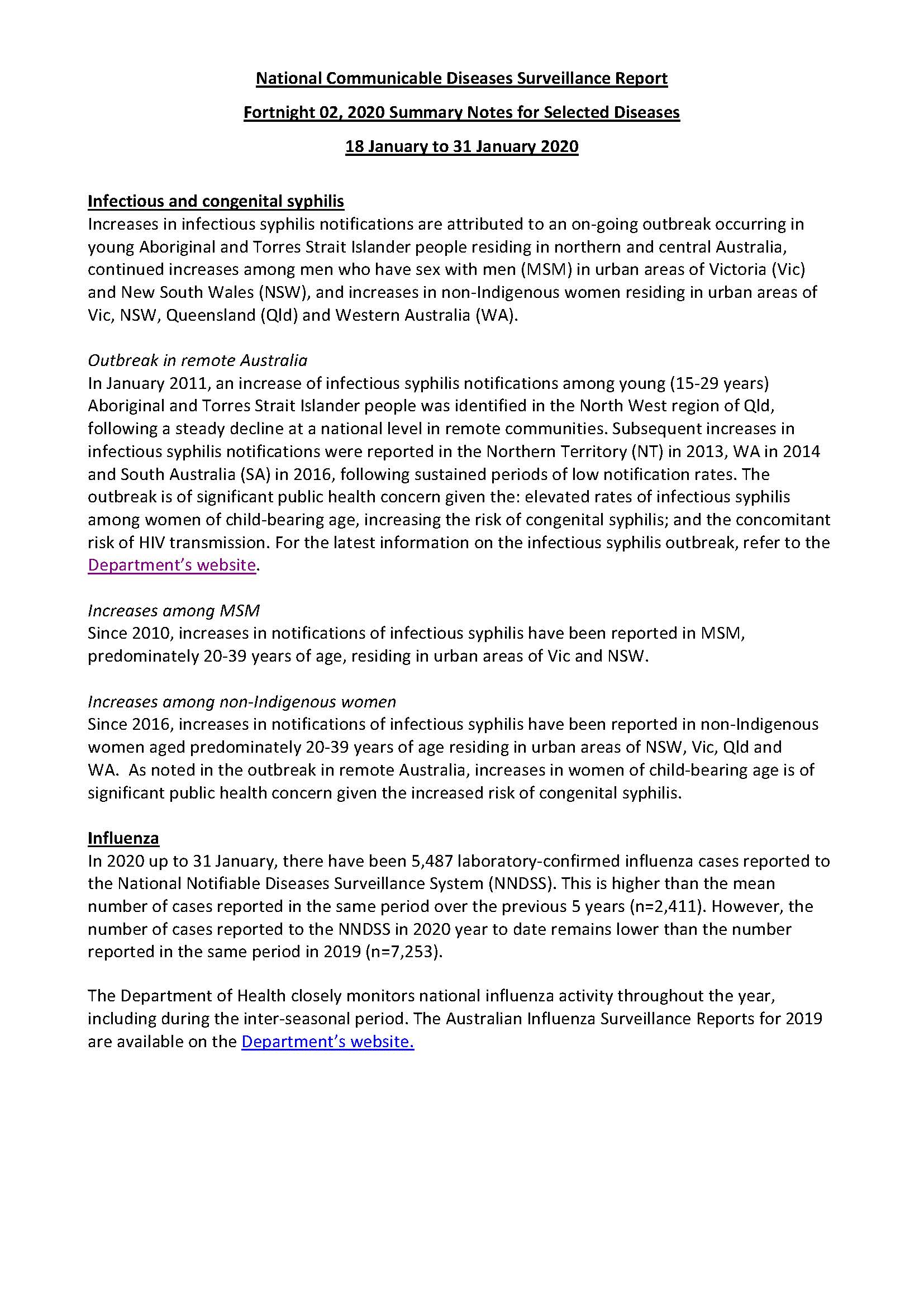 Cover image for National Interoperable Notifiable Diseases Surveillance System (NINDSS) fortnightly reports – 18 to 31 January 2020