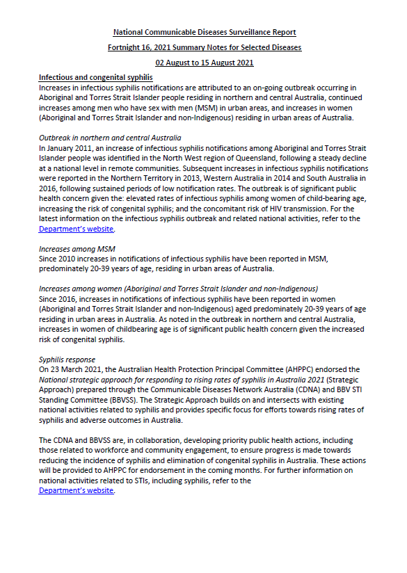 National Notifiable Diseases Surveillance System fortnightly reports – 2 to 15 August 2021