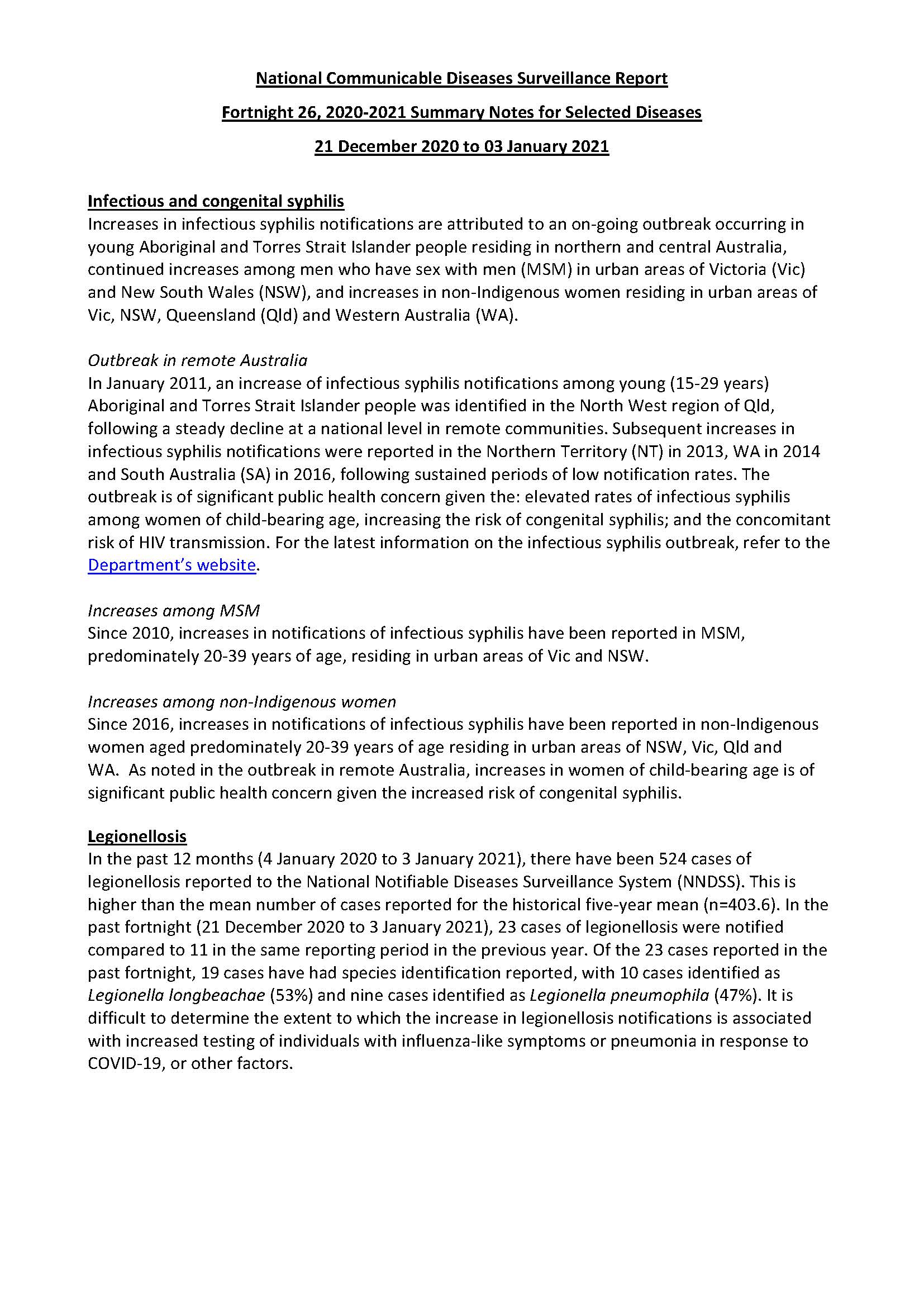 Cover image for National Notifiable Diseases Surveillance System fortnightly reports – 21 December 2020 to 3 January 2021