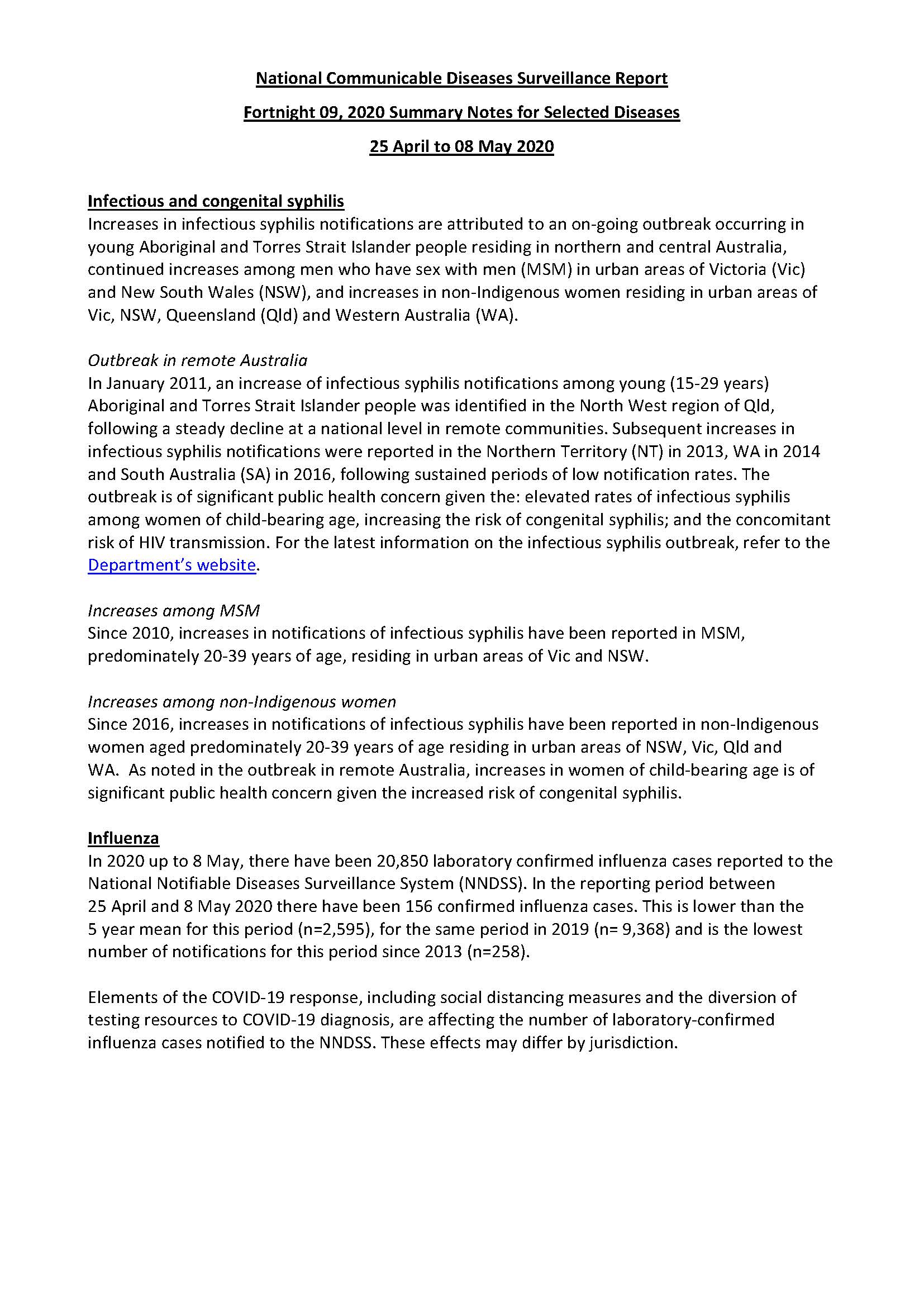 Cover image for National Interoperable Notifiable Diseases Surveillance System (NINDSS) fortnightly reports – 25 April to 8 May 2020