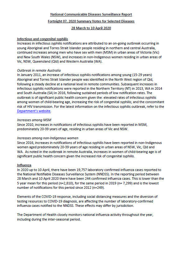 Cover image for National Interoperable Notifiable Diseases Surveillance System (NINDSS) fortnightly reports – 28 March to 10 April 2020
