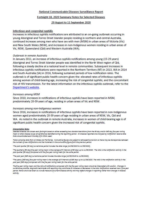 Cover image for National Interoperable Notifiable Diseases Surveillance System (NINDSS) fortnightly reports – 29 August to 11 September 2020