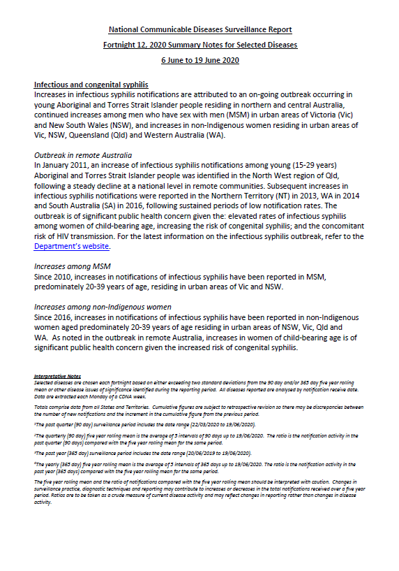 Cover image for National Interoperable Notifiable Diseases Surveillance System (NINDSS) fortnightly reports – 6 to 19 June 2020