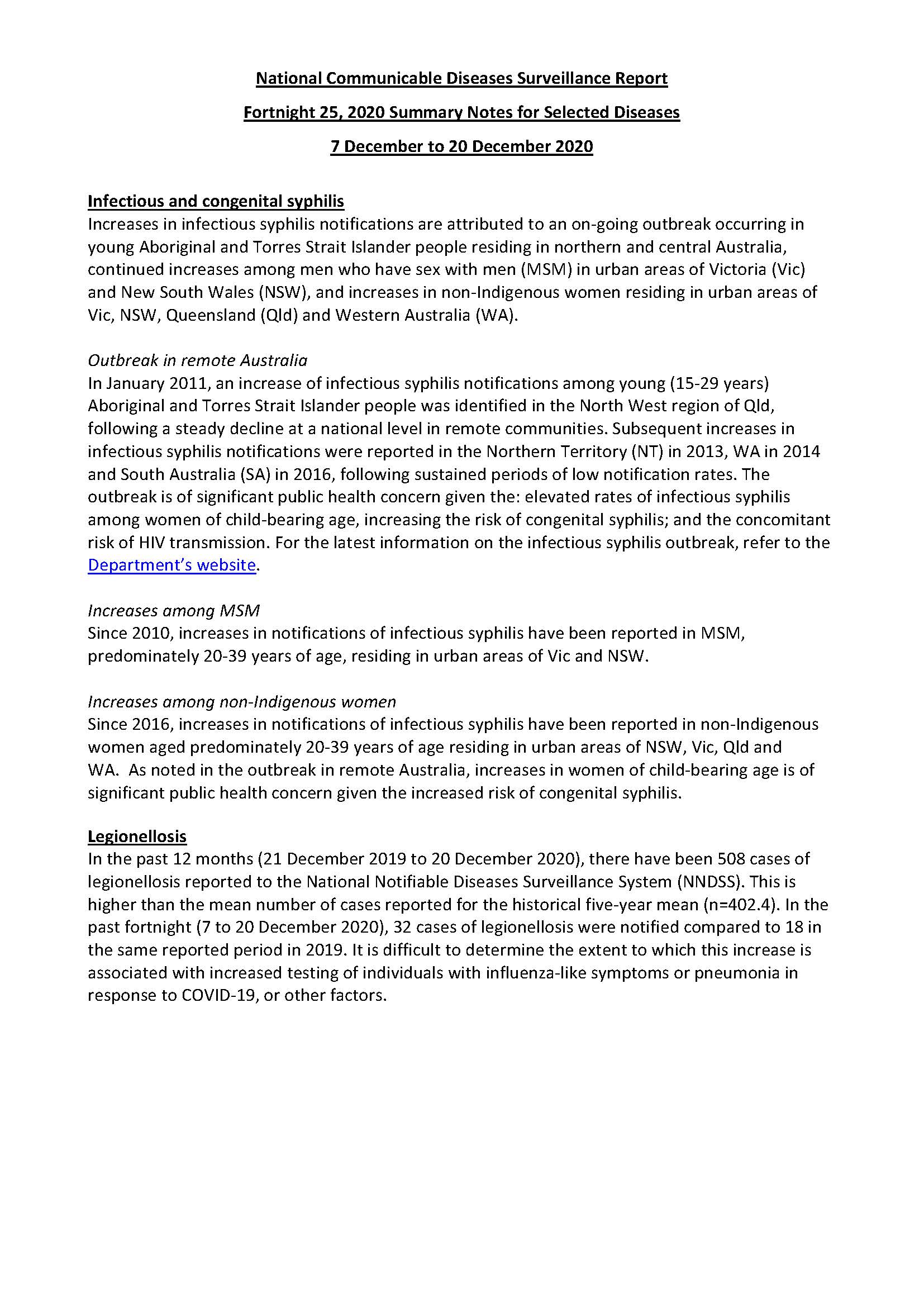 Cover image for National Notifiable Diseases Surveillance System fortnightly reports – 7 to 20 December 2020 