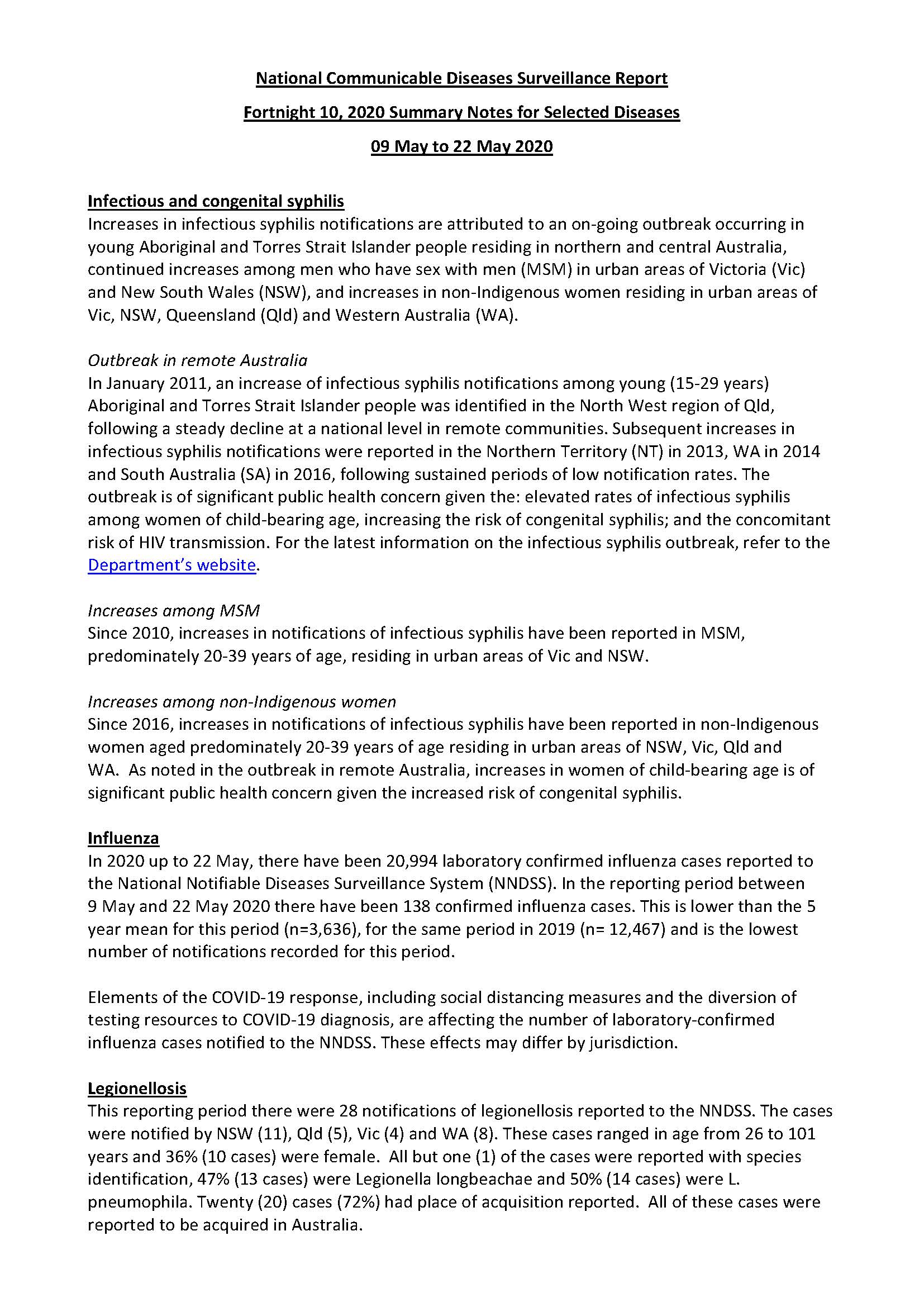 Cover image for National Interoperable Notifiable Diseases Surveillance System (NINDSS) fortnightly reports – 9 to 22 May 2020
