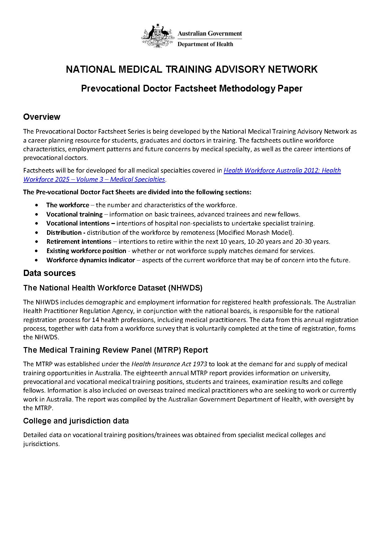 Cover image for Prevocational doctor fact sheet methodology paper