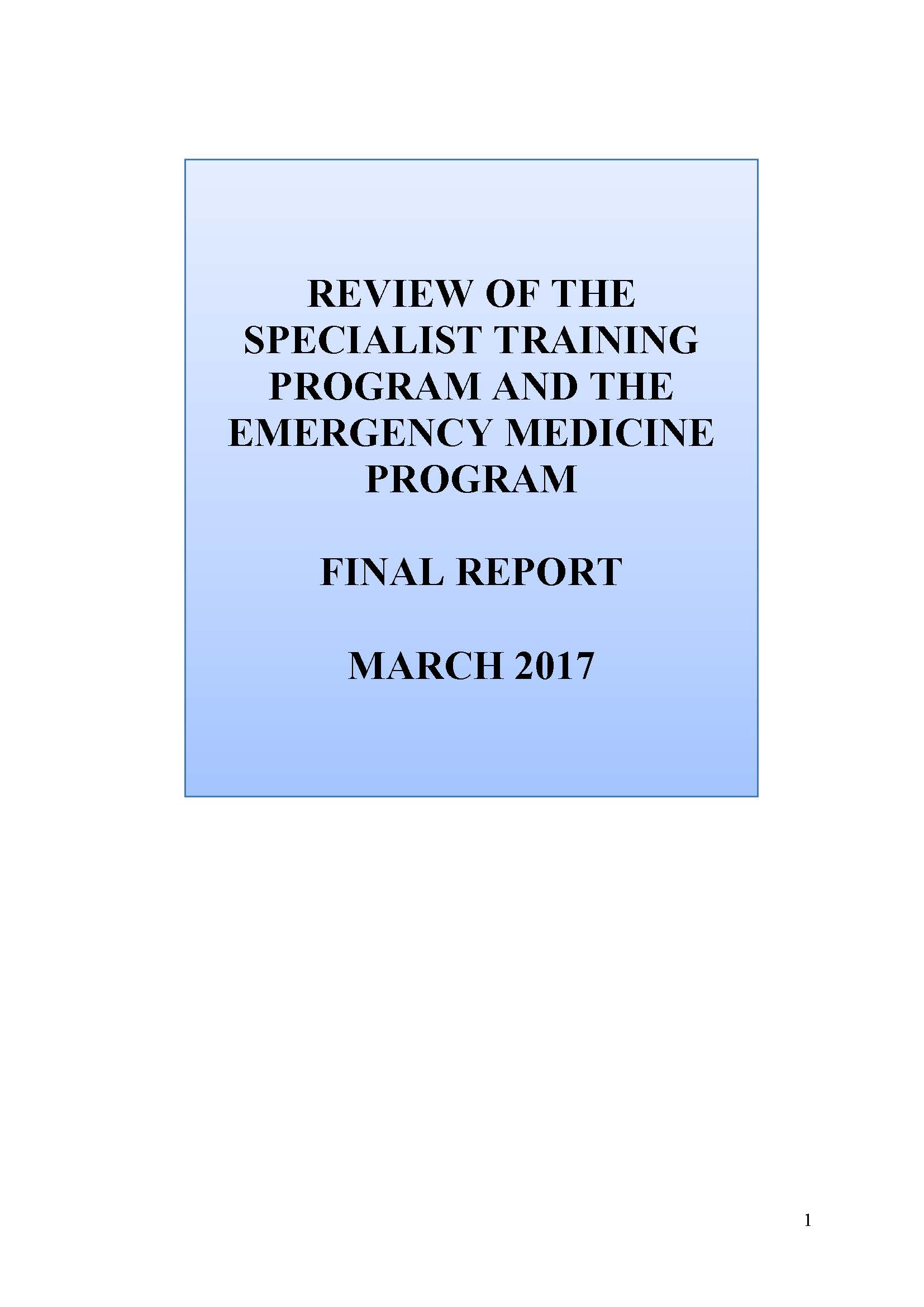 Cover image for Review of the Specialist Training Program and the Emergency Medicine Program final report