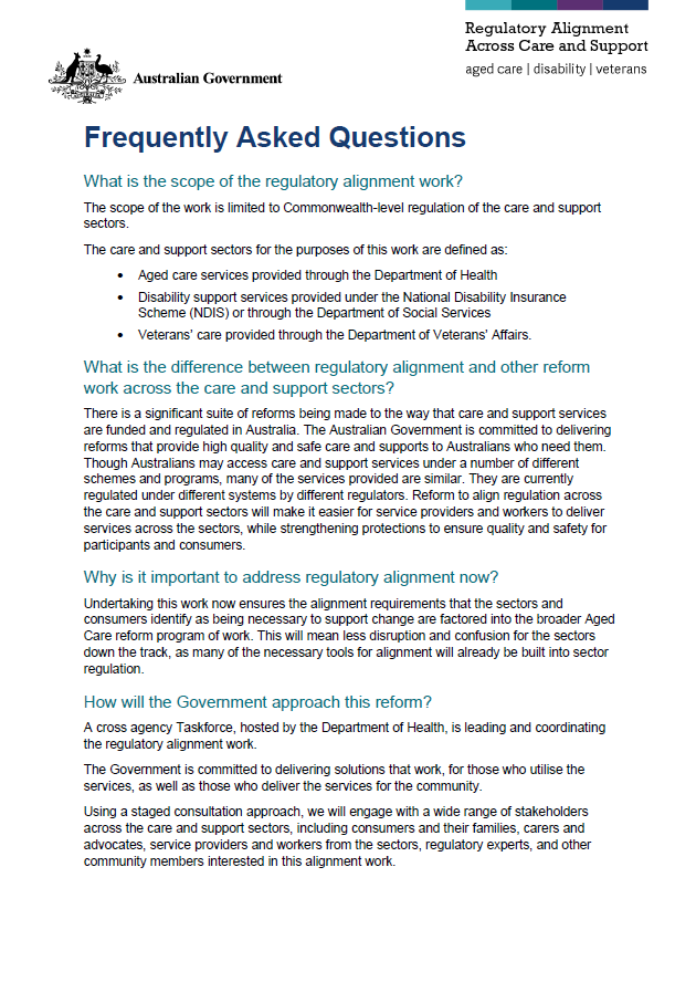 Aligning regulation across care and support – Frequently asked questions