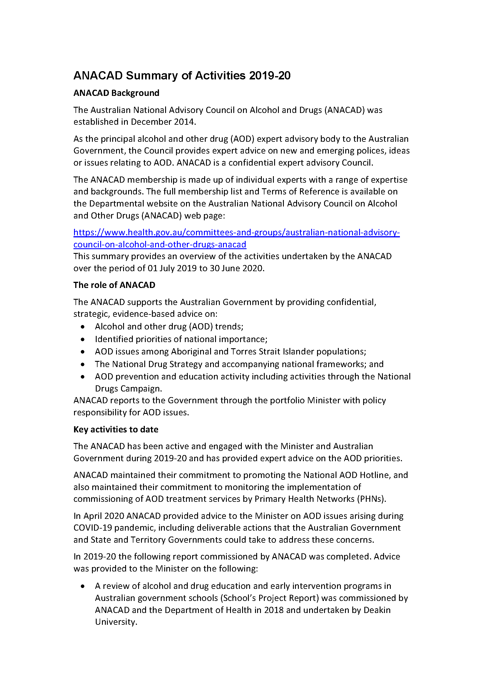 Cover from ANACAD Summary of Activities 2019-20