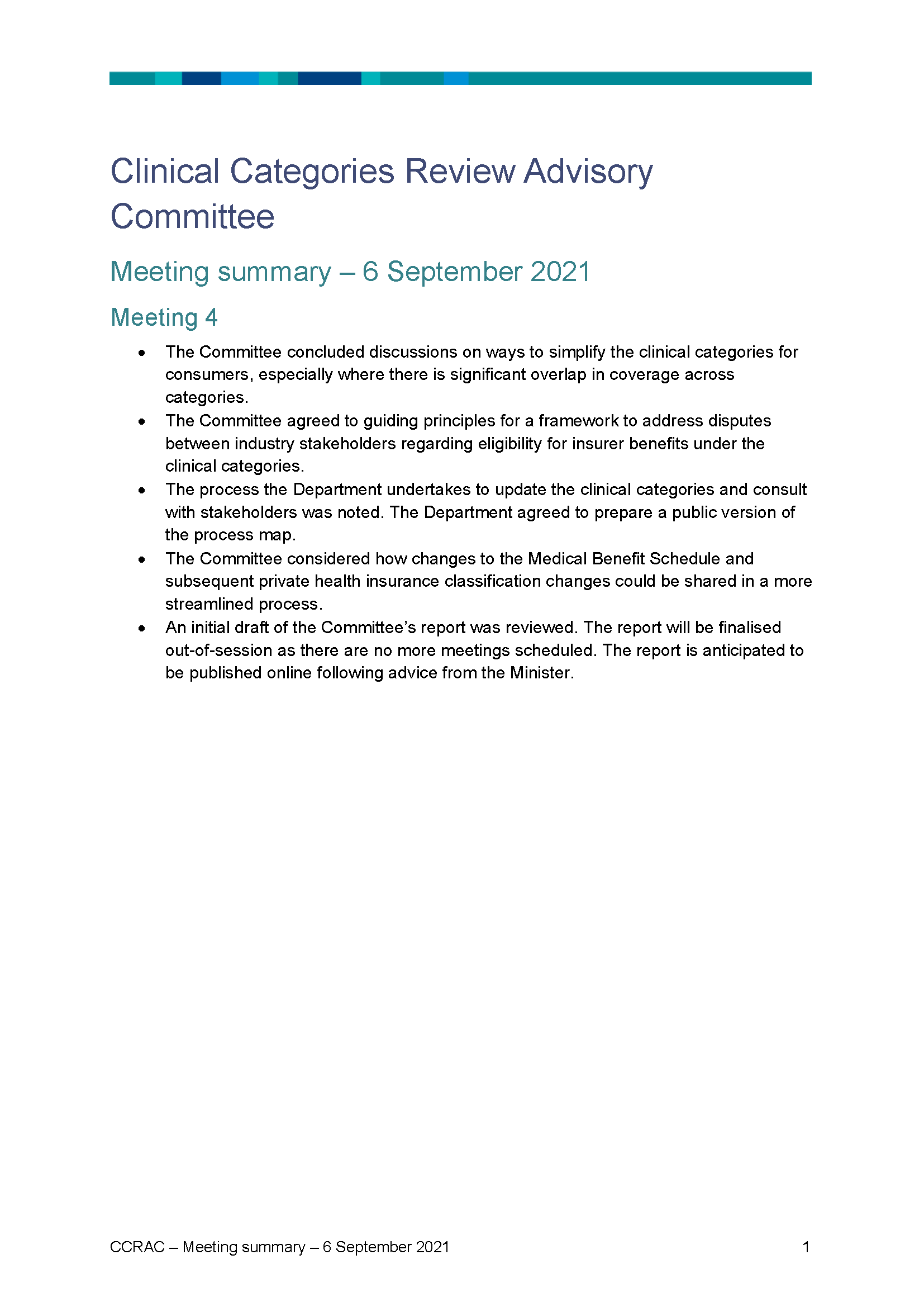 Clinical Categories Review Advisory Committee – meeting 4 summary – 6 September 2021