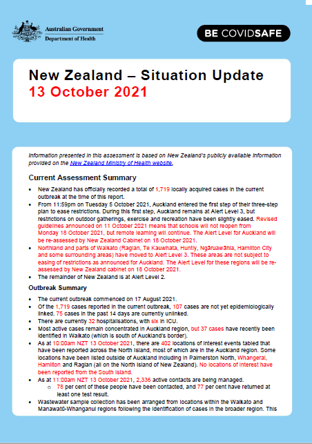 Cover image for New Zealand weekly situation update as at 13 October 2021
