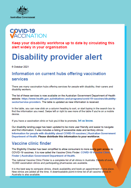 Cover image for COVID-19 vaccination - Disability Provider alert - 5 October 2021
