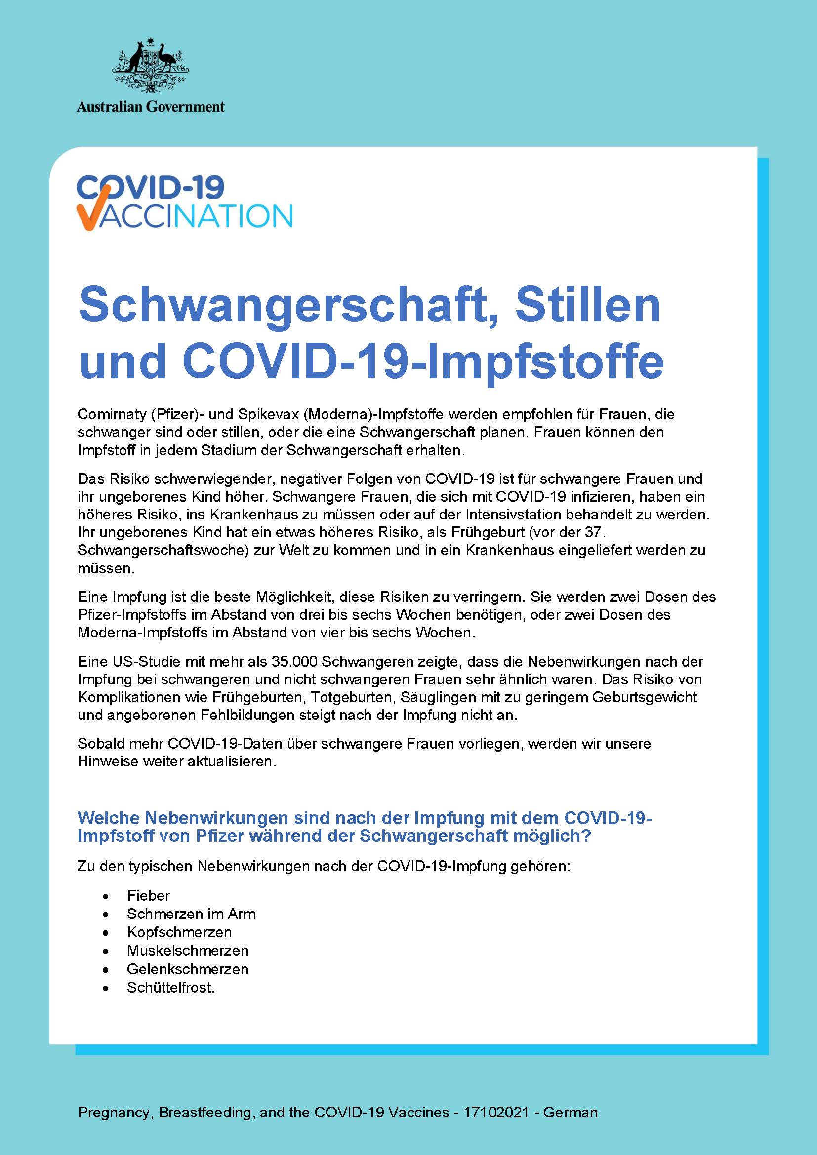 COVID19 vaccination Schwangerschaft, Stillen und COVID19Impfstoffe