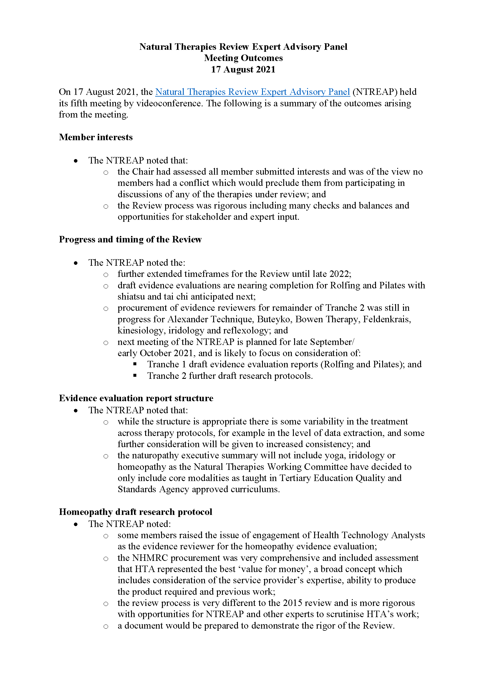 NTREAP Meeting Outcomes 17 August 2021
