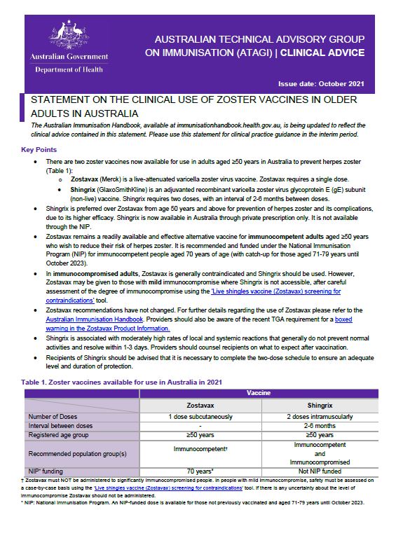 ATAGI Clinical Statement Shingrix