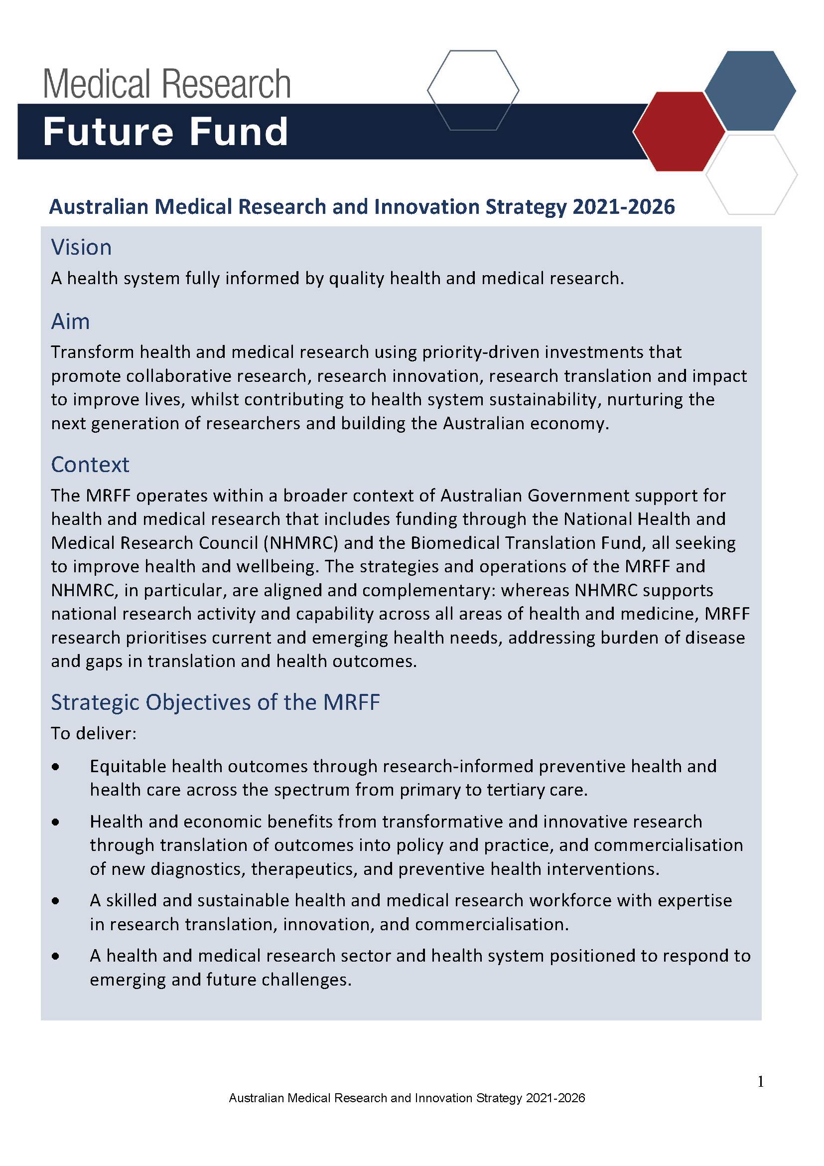 Australian Medical Research and Innovation Strategy 2021-2026
