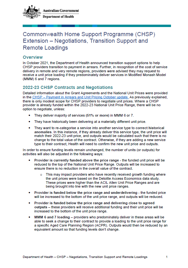 Commonwealth Home Support Programme (CHSP) – Negotiations, transition support and MMM loading