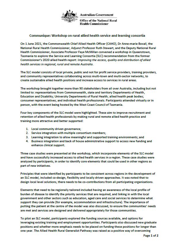Communique – Workshop on rural allied health service and learning consortia