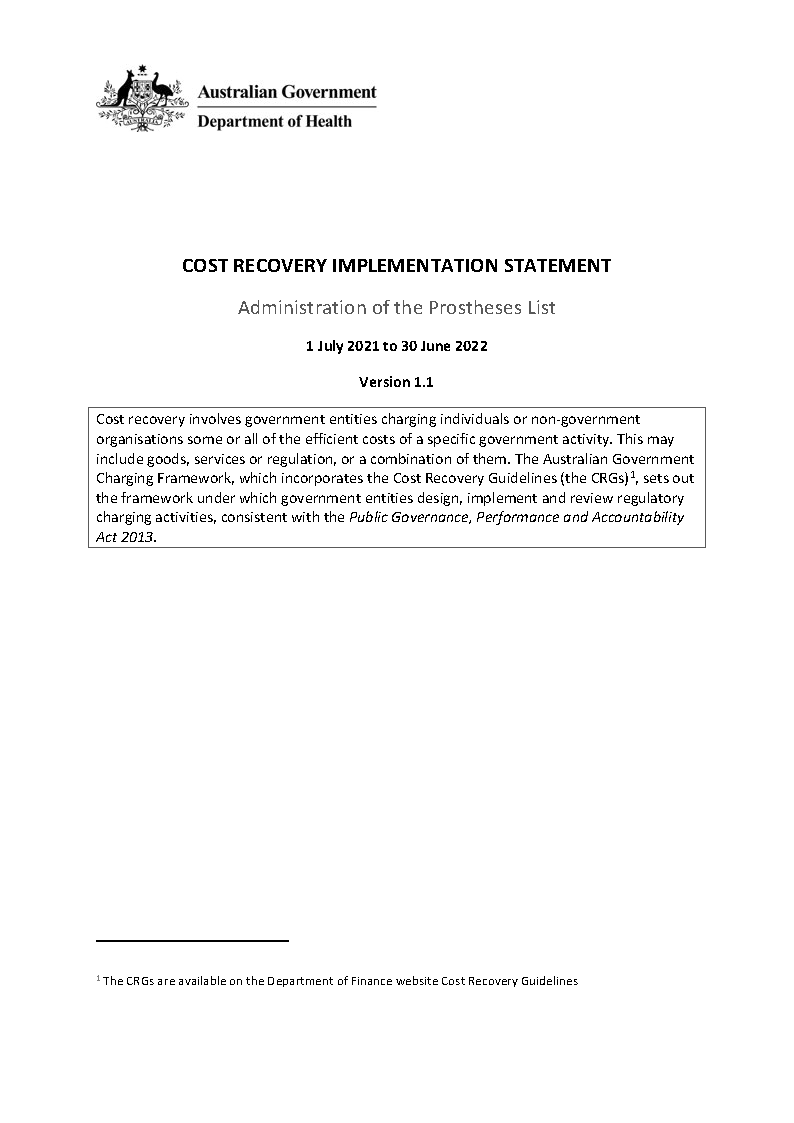 Cost Recovery Implementation Statement – Administration of the Prostheses List