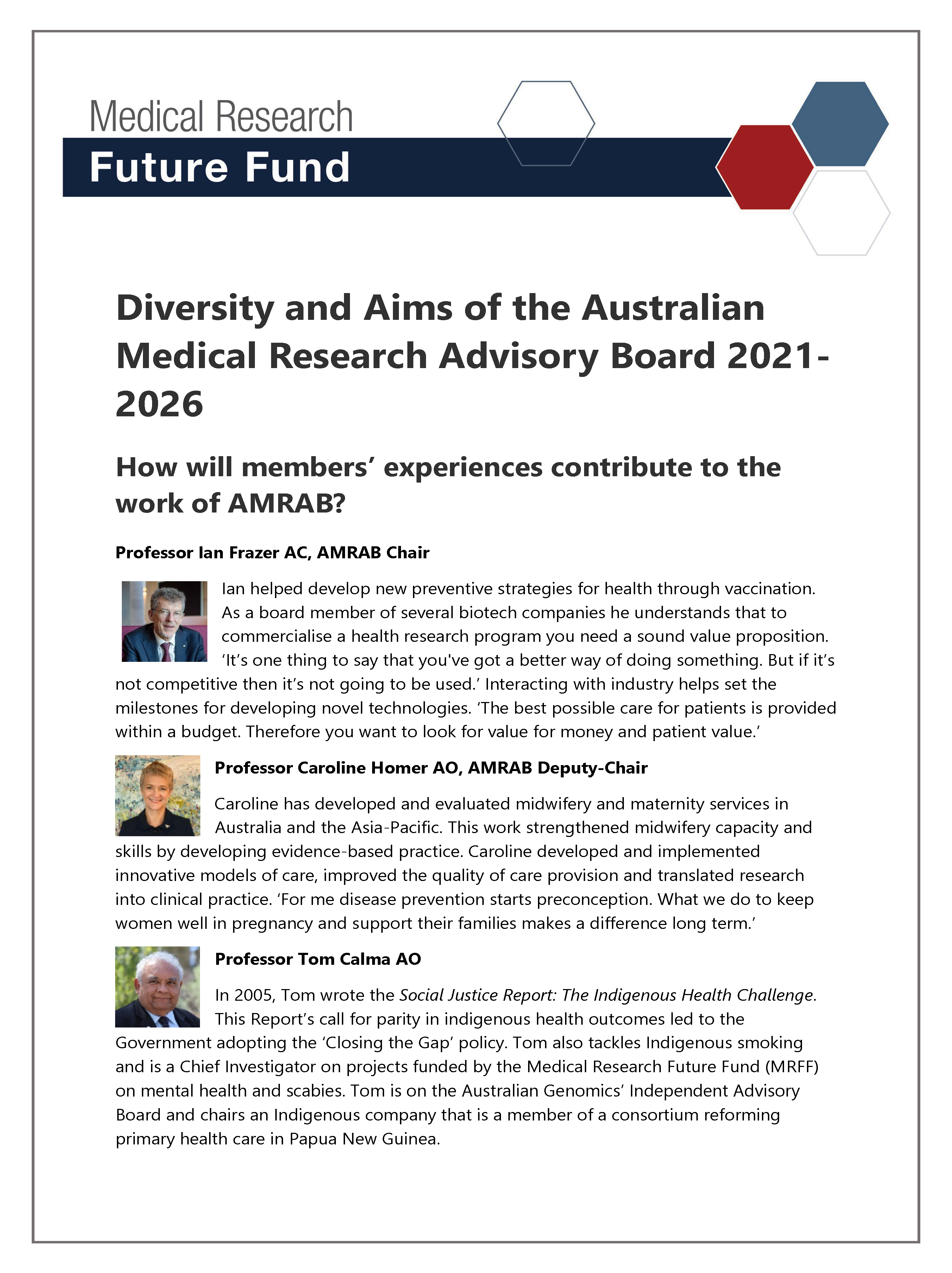 Diversity and aims of the Australian Medical Research Advisory Board 2021-2026