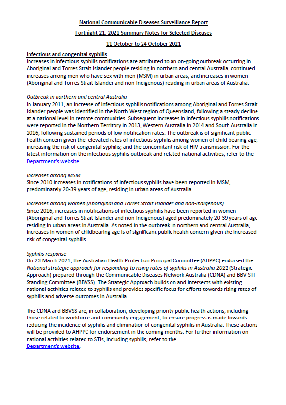 Cover image for National Interoperable Notifiable Diseases Surveillance System (NINDSS) fortnightly reports – 11 to 24 October 2021