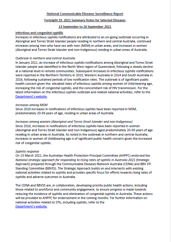 Cover image for National Interoperable Notifiable Diseases Surveillance System (NINDSS) fortnightly reports – 13 to 26 September 2021