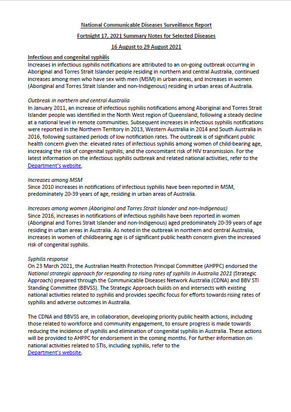Cover image for National Interoperable Notifiable Diseases Surveillance System (NINDSS) fortnightly reports – 16 to 29 August 2021
