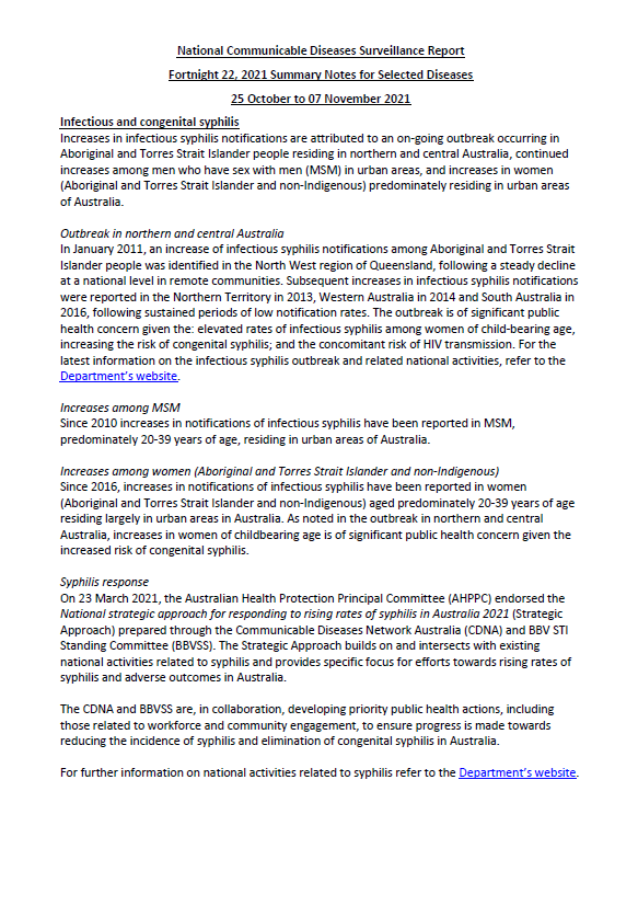 Cover image for National Interoperable Notifiable Diseases Surveillance System (NINDSS) fortnightly reports – 25 October to 7 November 2021