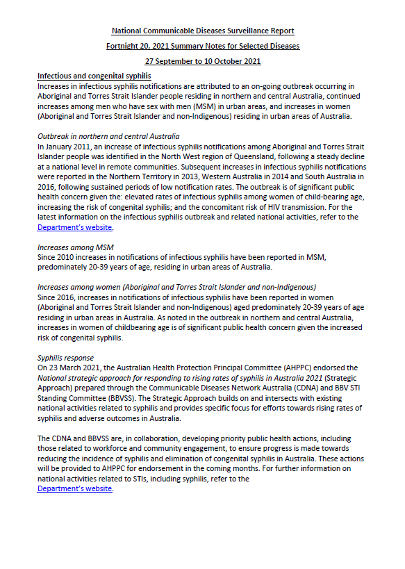 Cover image for National Interoperable Notifiable Diseases Surveillance System (NINDSS) fortnightly reports – 27 September to 10 October 2021