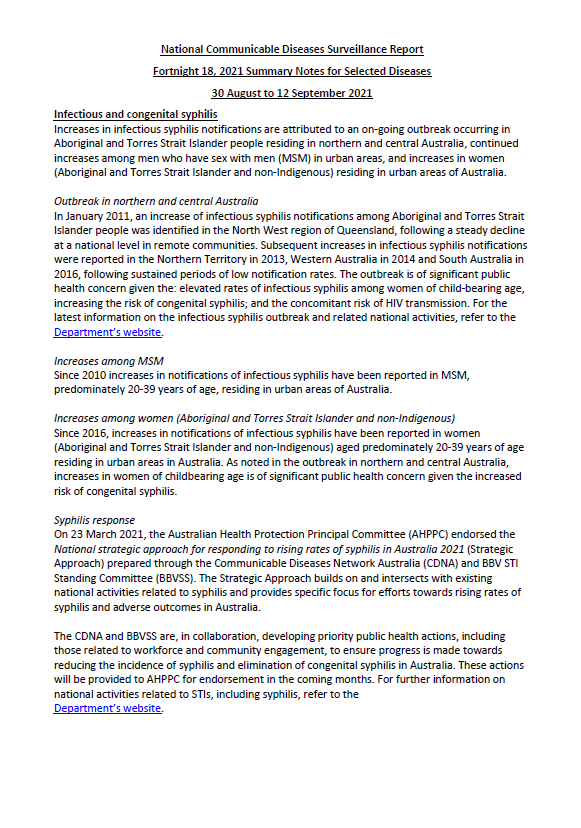 Cover image for National Interoperable Notifiable Diseases Surveillance System (NINDSS) fortnightly reports – 30 August to 12 September 2021