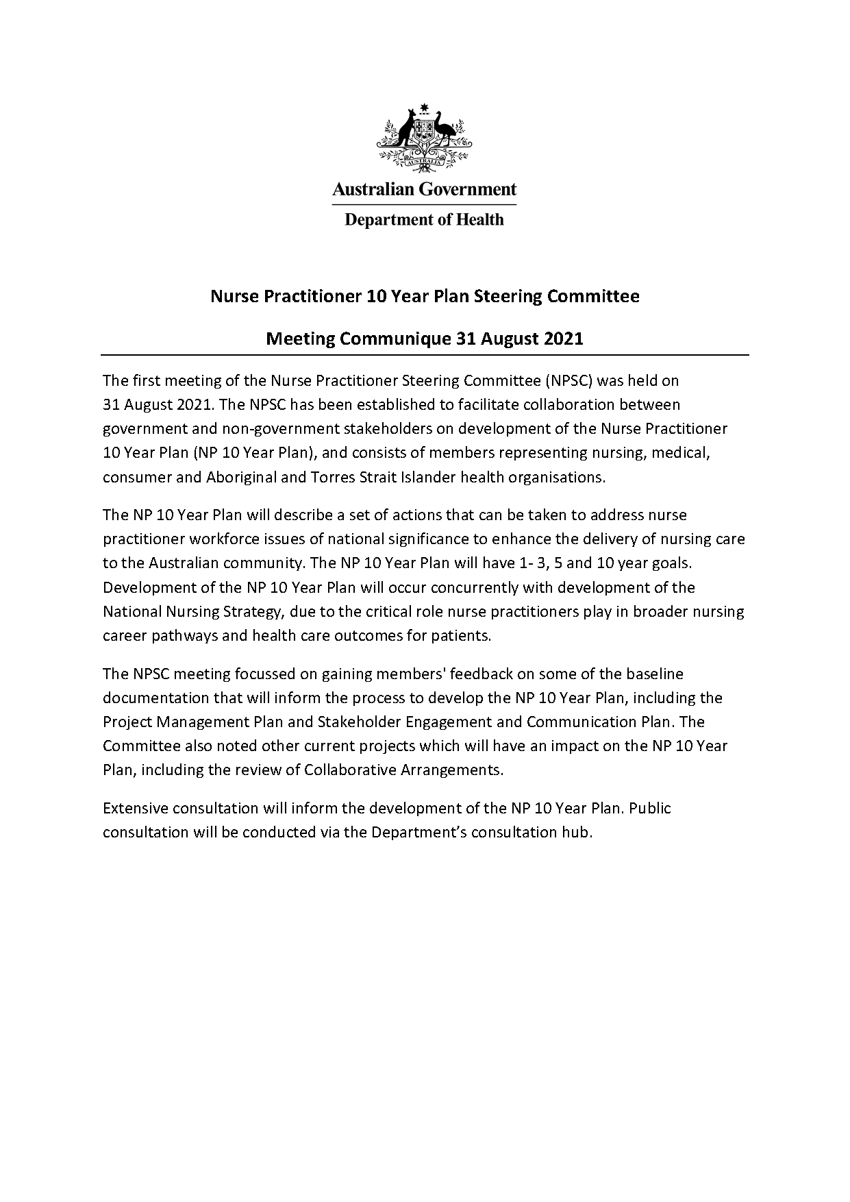 Nurse Practitioner 10 Year Plan Steering Committee communique 31 August 2021