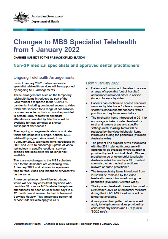 Changes to MBS specialist telehealth from 1 January 2022 cover image