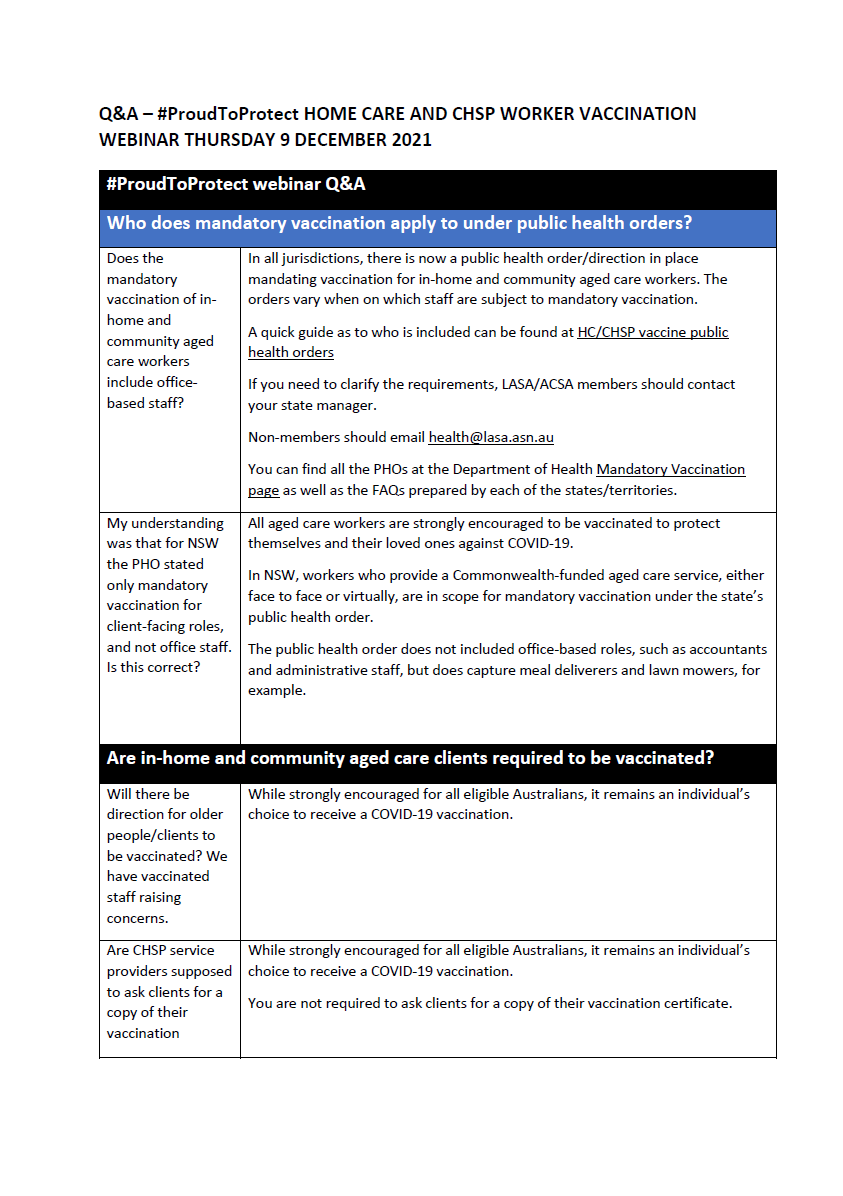 Frequently asked questions on mandatory vaccination and reporting for in-home and community aged care providers 