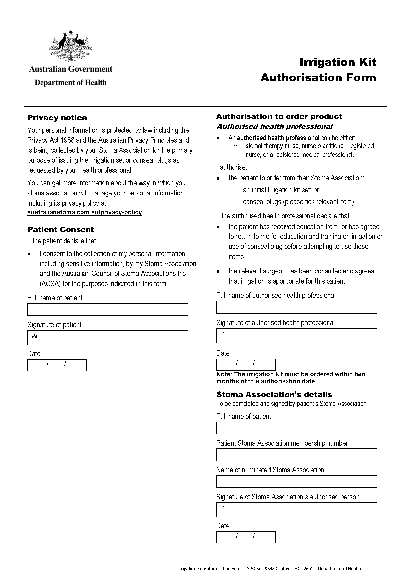 Irrigation Kit Authorisation Form