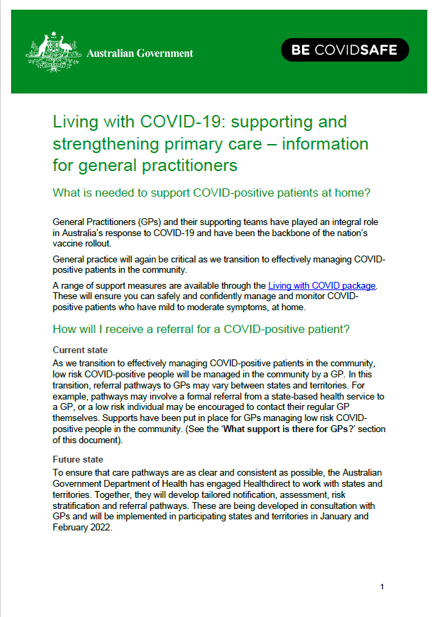 Information for General Practitioners on living with COVID-19 and supporting and strengthening primary care