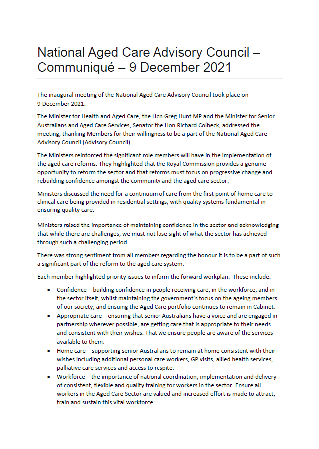 National Aged Care Advisory Council communique – December 2021 cover image