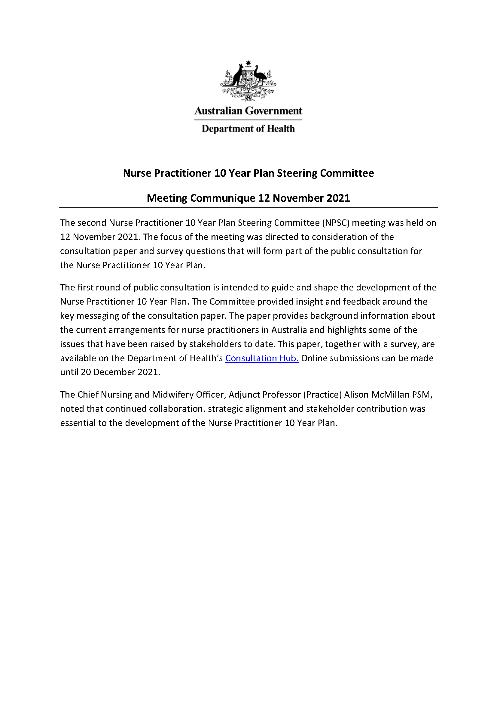 Nurse Practitioner 10 Year Plan Steering Committee communique 12 November 2021